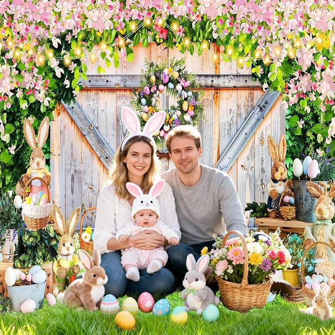 Easter Photo Backdrop for Photography, 7x5ft | Spring Wall Background for Photoshoot, Green Grass, Bunny Eggs, Rustic Barn Door, for Outdoor, Family Party Decorations - Image 5