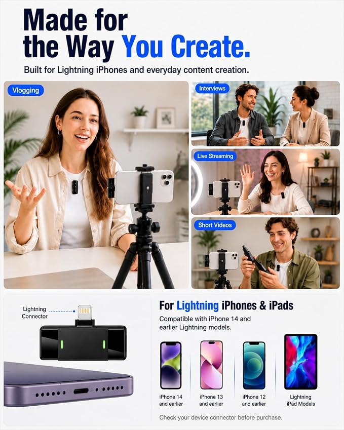 Wireless Lavalier Microphone for iPhone14/13/12, 2 Mics, Lightning Receiver | 2 Clip-On Mics with Noise Reduction, 34h Using Time with Charging Case, 48kHz Audio 66ft Range for iPhone Video Recording - Image 8