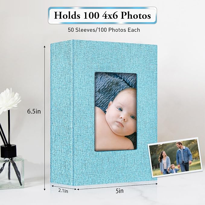Small Photo Album 4x6,Linen Cover Slide-in Mini Photo Album Book Can Holds 100 4x6 Photos with 50 Black Sheets for Baby Family Pictures Artwork or Postcards Storage (Denim Blue) - Image 3