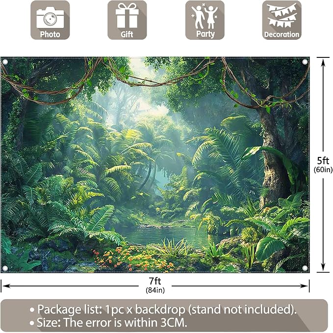 Fabric 7x5ft Jungle Forest Photography Backdrop Rainforest Banner | Tropical Natural Scenery River Background, Summer Adventure Party Decorations, Kids Adult Photo Props, Polyester, Grommets - Image 3