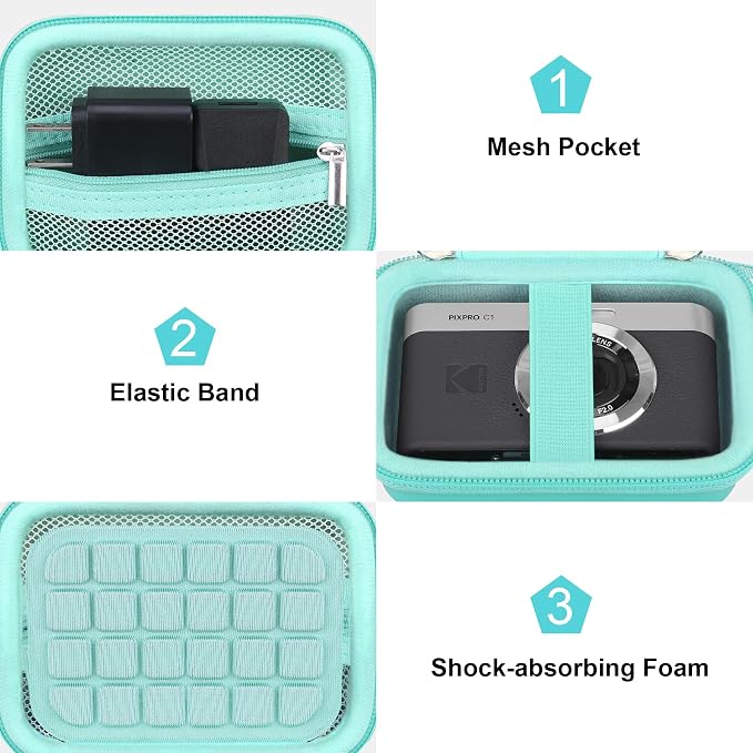 Canboc Carrying Case for KODAK PIXPRO C1 Friendly Zoom Digital Camera | For Canon PowerShot ELPH 360 HS A/ 360 HS/ 360/ IXY 650 Digital Camera, Mesh Pocket fit Cable, SD Card, Green (Case Only) - Image 6