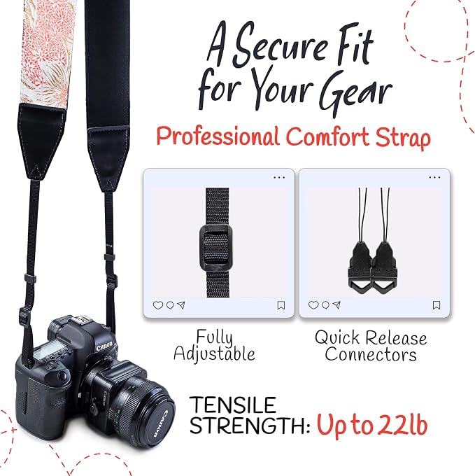 Art Tribute Camera Strap - Shoulder, Crossbody & Neck Camera Strap for Photographers, Fits All Cameras, Canon Nikon Sony Fujifilm, Padded Strap W/Quick Release, Embroidered Cotton & Leather Ends - Image 4
