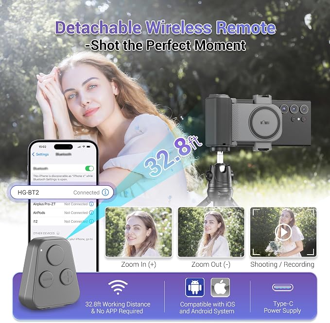 KIWIFOTOS Travel Phone Camera Grip Smartphones Camera Handle | for iPhone 17 16 Pro Max Galaxy S25 S24 Selfie Vlog Video Shooting, with Cold Shoe Mount, without Tripod, Bluetooth remote - Image 3