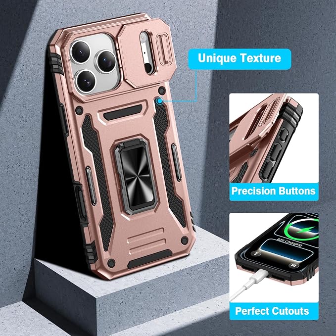 VEGO for iPhone 17 Pro Case with Slide Camera Cover and Kickstand Rose Gold | Privacy Screen Protector & Ring Kickstand Military Grade Heavy Duty Protection Cover for iPhone 17 Pro - Rose Gold - Image 7