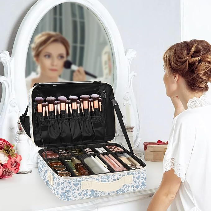 Relavel Large Makeup Bag, Floral Cosmetic Bag for Women, Professional Travel Train Case Portable Makeup Artist Bag Make Up Storage Organizer Box with Adjustable Dividers and Makeup Brush Compartment - Image 7
