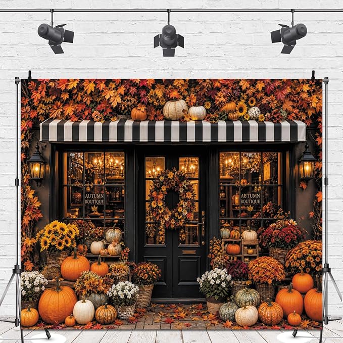 10x8ft Fall Pumpkin Shop Backdrop for Photography Autumn Harvest Backdrop | Autumn Harvest Photo Background with Sunflower, Maple Leaves, Flowers, Vintage Fall Festival Thanksgiving Party Decorations - Image 4