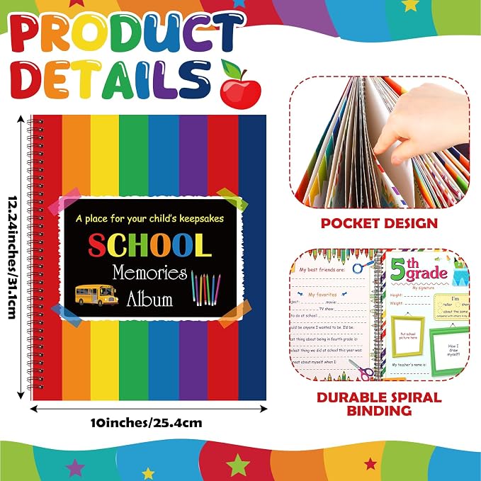 Motipuns School Memory Book Photo Album for Kids, Rainbow | School Years Keepsake Book Album Scrapbook from Preschool Through 12th Grade with 14 Pocket for Storage Portfolio Pictures - Image 2