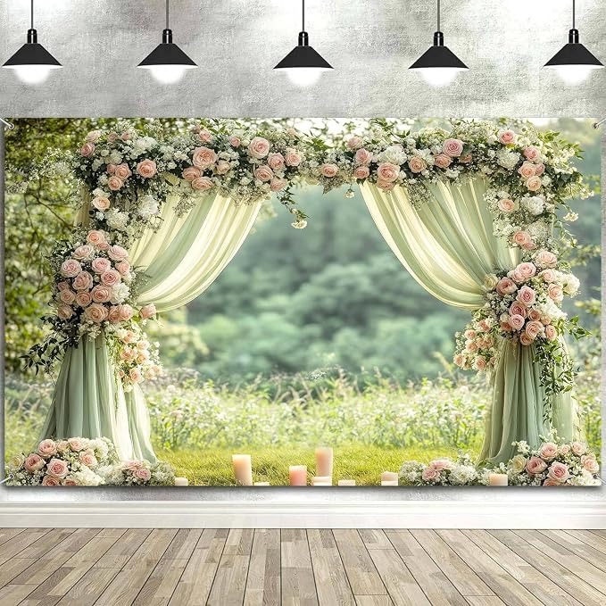 10X8ft Sage Green Floral Wall Backdrop Green Wedding Flower Arch Photography Background Spring Tea Party Backdrop Floral Girls Birthday Weeding Valentine's Day Mother's Day Event Banner Photo Props - Image 4