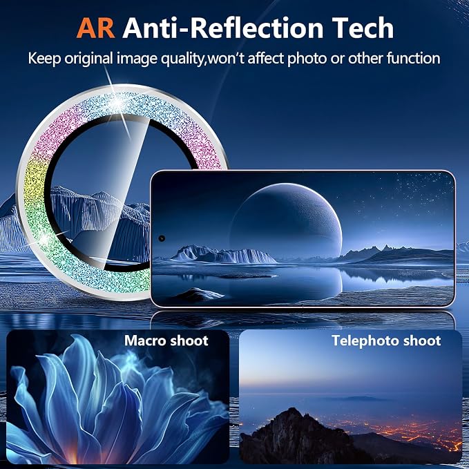 for Samsung Galaxy Z Flip 8 Camera Lens Protector, Individual Metal Ring Tempered Glass Lens Cover, [Strong Adsorption] Scratch Resistant Ultra-Thin HD Clear Lens Cover, 1 Set-Colorful Sparkly - Image 3