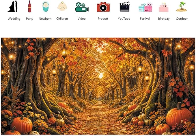Fall Forest Photo Backdrop 20x10ft Autumn Garden Backdrop for Photography Fall Pumpkin Maple Wonderland Floral Background for Photoshoot Thanksgiving Birthday Photo Booth Props Vinyl - Image 2