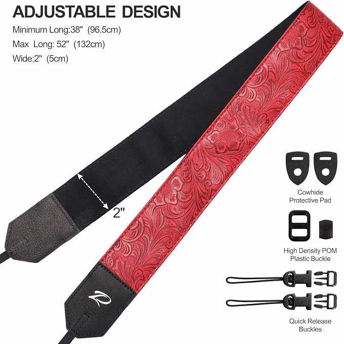Padwa Lifestyle Camera Strap - 2" Red Faux Leather Carving Camera Straps with Full Grain Leather Ends for Photographers, Vintage Soft Suede Fabric Padded Strap Quick Release fits All Cameras - Image 6