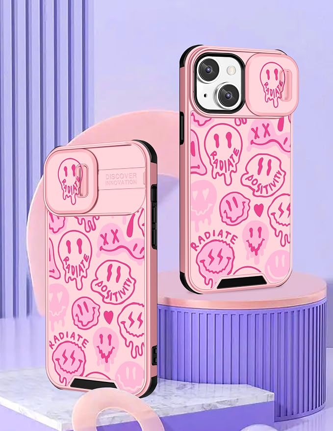 (2in1 for iPhone 13 Case Face Cute Women Phone Cover Distorted Smile Design with Slide Camera Cover Protective Unique Teen Cases for iPhone13 6.1'' - Image 4