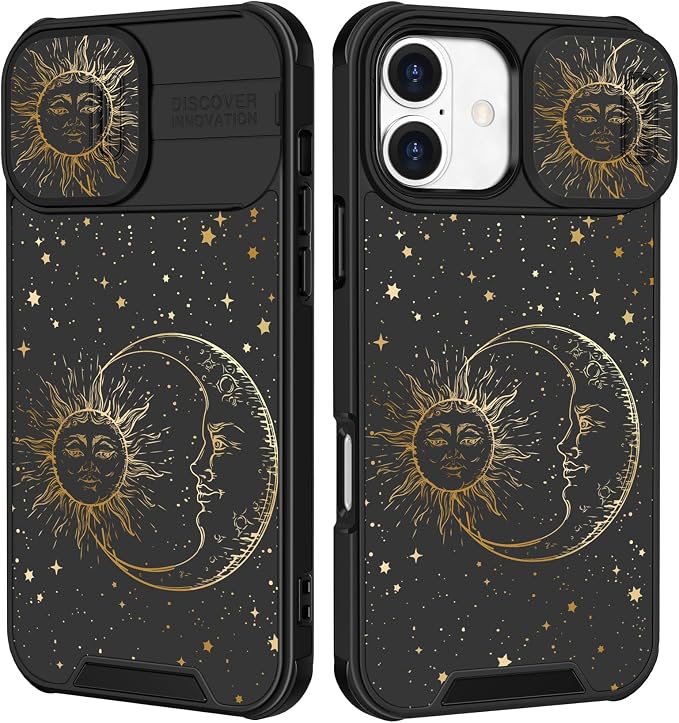 for iPhone 16 Case - Women Cute Phone Cover Girly Pretty Fancy Unique Aesthetic Design Slide Camera Cover Protective Case for Apple for iPhone 16,Sun and Moon by Goocrux