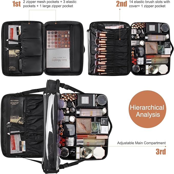 Relavel Makeup Case Extra Large Makeup Bag for Women Travel Makeup Artist Box Nail Polish Cosmetic Brush Storage Organizer with Adjustable Plastic Dividers Black - Image 3