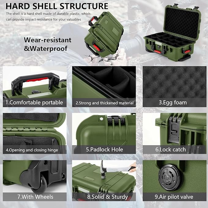 Relaxweex Rolling Camera Hard Case with 15 Padded Dividers & Wheels | Impact-resistant, Protective, Waterproof, Hard Shell Travel Case for Cameras, Lenses & Accessories, 22 x 14 x 9 Inch, Green - Image 3
