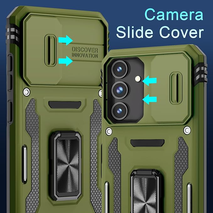 DEERLAMN Case for Samsung Galaxy S24 6.2-Inch with Slide Camera Cover+Screen Protector(1 Pack), Rotated Ring Kickstand Military Grade Shockproof Protective Cover-Olive Green - Image 3
