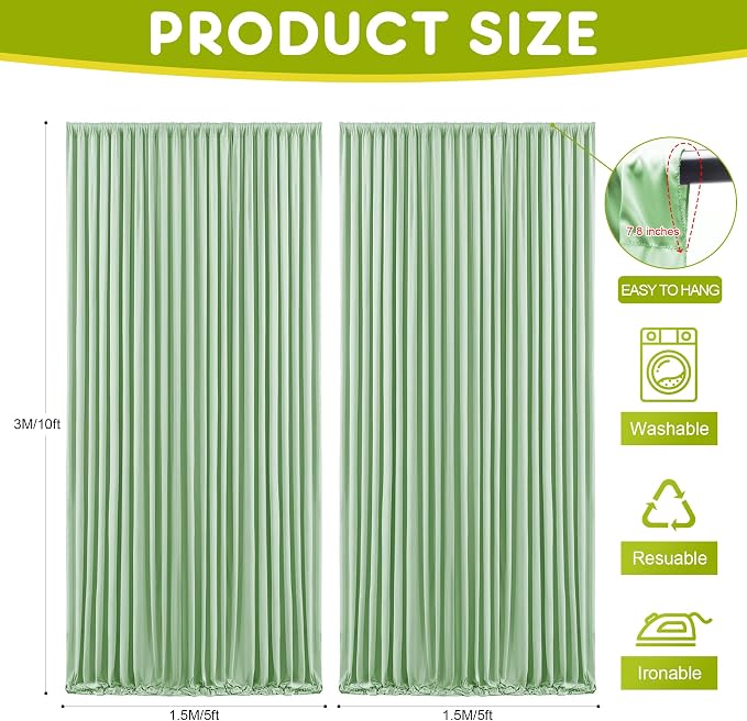 Sage Green Backdrop Curtain for Parties Backdrop Drapes 10x10FT | Wrinkle Free Polyester Curtain Backdrop Draping Fabric for Backdrop Photoshoot Birthday Party Background, 2 Panel 5x10FT - Image 2