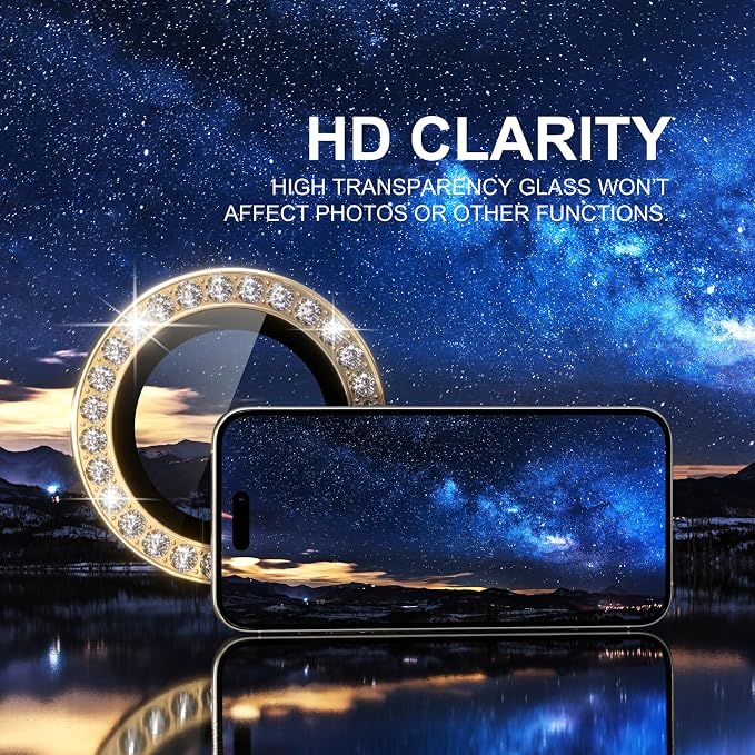 Choiche for iPhone 15 Pro/iPhone 15 Pro Max Camera Lens Protector | Ultra HD, Bling 9H Tempered Glass Camera Cover Screen Protector Metal Ring Decoration Accessories (Diamond-Gold) - Image 5