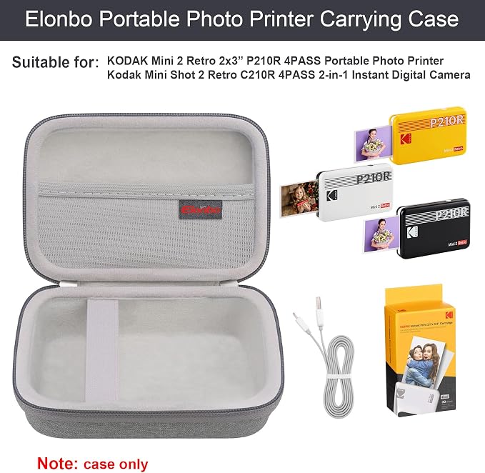Elonbo Carrying Case for KODAK Mini 2 Retro 2x3 Portable Photo Printer | Bluetooth Smartphone Instant Color Printer Hard Travel Protective Bag, Mesh Pocket fits Cartridge Photo Paper Sheets, Grey - Image 2