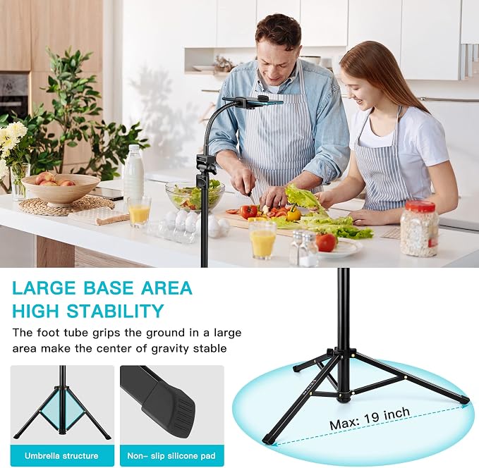 74" Flexible Phone Tripod, Tall Cell Phone Tripod with Adjustable Gooseneck | Portable Camera Cellphone Stand with Remote for Video Recording, Compatible with iPhone Android - Image 4