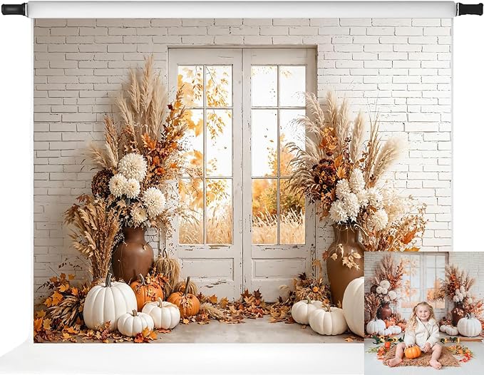 Kate Fall Photography Backdrops Autumn Harvest Pumpkin White Brick Wall Boho Theme Photography Props, 10x8ft by KateBackdropforPhotography