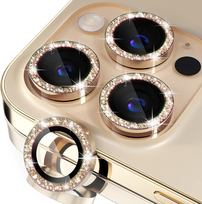 Misea Compatible for iPhone 14 Pro/iPhone 14 Pro Max Camera Lens Protector | 9H Tempered Glass Ultra HD Bling Camera Screen Protector Cover Metal Individual Ring Decoration Accessories, Gold Glitter by Misea