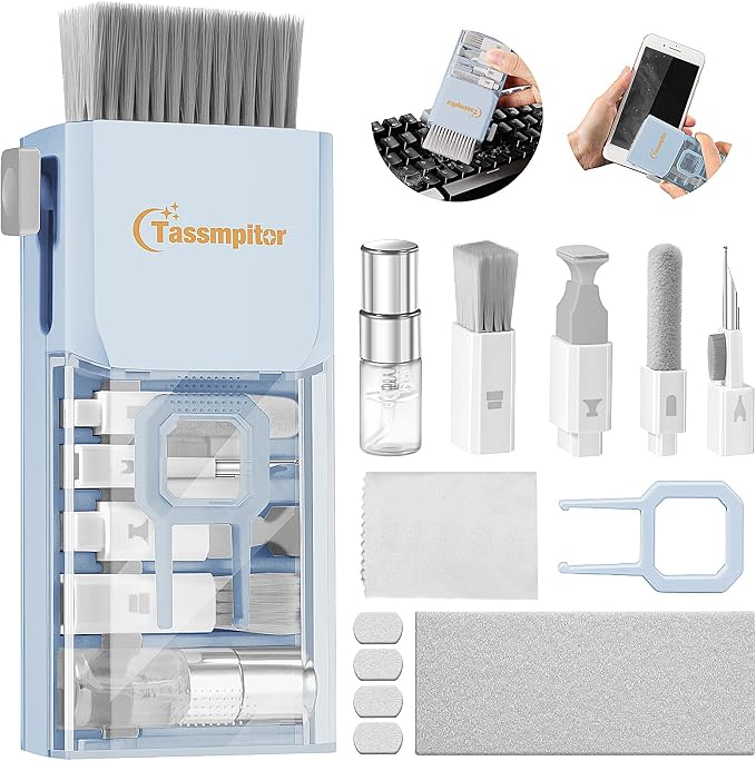 Tassmpitor Keyboard Cleaner & Laptop Cleaning Kit for Computer Screen, Blue | High-density Soft brush, Screen Cleaner Spray,2mm Thicken Large Microfiber Polishing Cloth,Metal Pen Tip,Flocking Sponge by Tassmpitor