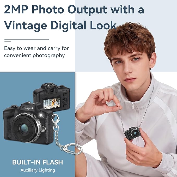 Mini Camera, 1080P HD Retro Keychain Digital Camera for Kids & Adults, Tiny Small Portable Pocket Video Recorder with 32GB Card, Vintage Camcorder for Travel Vlogging Memories, Black - Image 3