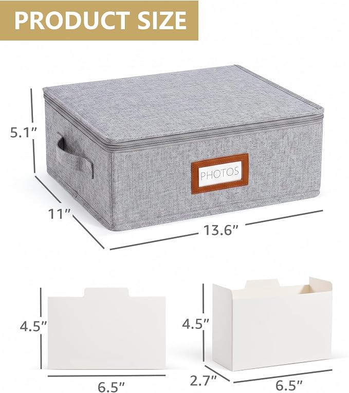 HULISEN Photo Storage Box, Photo Organizer for 2000 4x6 Pictures, Grey | Linen Keepsake Box with Zipper Lid, 8 Dividers, Label Cards Included, Mesh Pocket for Larger Prints, Family Memory Storage - Image 4