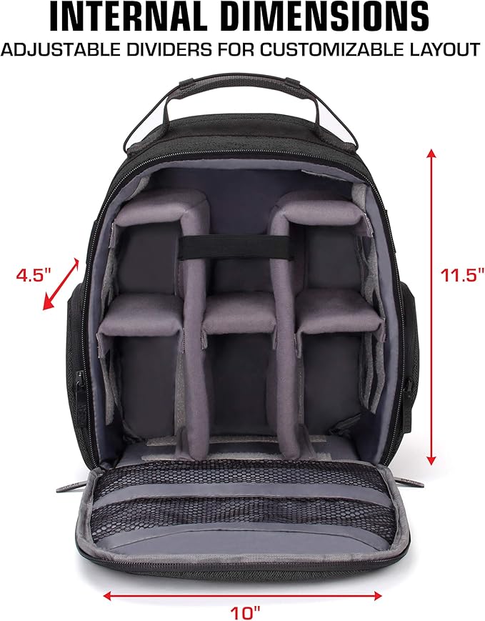 USA Gear Portable Camera Backpack for DSLR with Customizable Accessory Dividers, Weather Resistant Bottom and Comfortable Back Support - Compatible with Canon, Nikon, Sony, Fujifilm, and More (Black) - Image 4