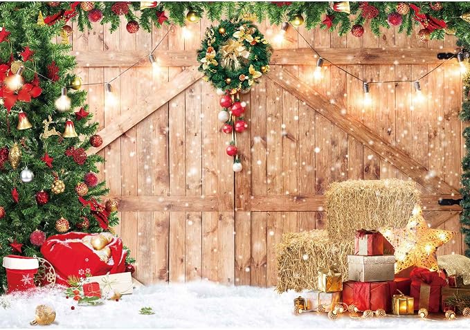 Christmas Backdrop Soft Fabric Rustic Barn Wood Door Backdrop for Photography Xmas Tree Snow Wall Floor Party Photo Background Family Banner Decorations Studio Prop Pictures(8x6ft) by Haboke