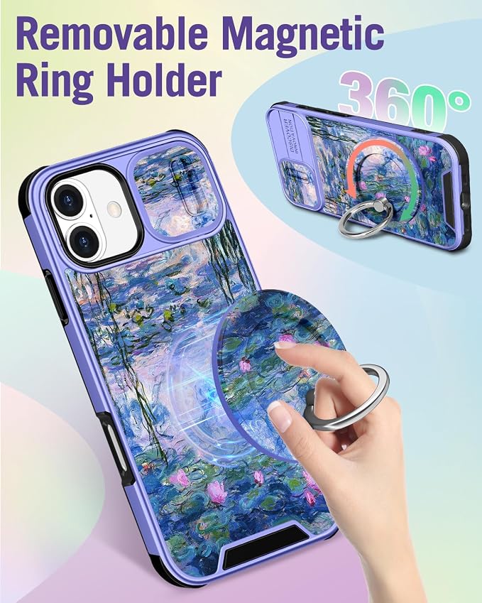 Buleens for iPhone 16 Plus Case 6.7 Inch - with Ring Stand & Camera Cover Aesthetic Cute Designed Women Girl Girly Pretty Kawaii Blue Water Lily Phone Case for iPhone 16 Plus Compatible with Magsafe - Image 5