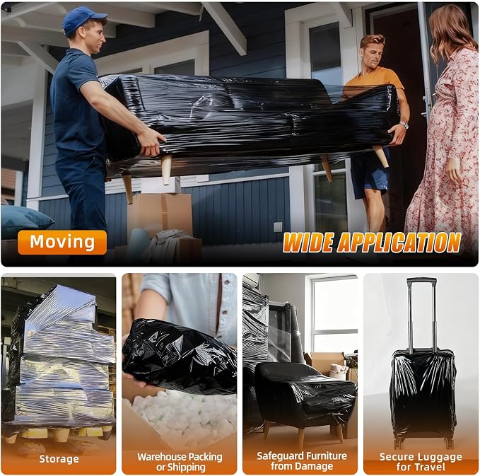 Black Stretch Film Shrink Wrap for Moving Supplies (18inch, 1 Pack) x 1000ft, Industrial Strength Plastic Wrap Stretch Roll for Pallet Wrapping Shipping Moving Boxes Storage Furniture with Handles - Image 7