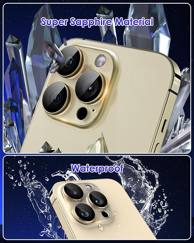 Compatible for iPhone 15 Pro/iPhone 15 Pro Max Camera Lens Protector, Clear Acrylic Plus Aluminium Alloy Ring 9H Tempered Glass Screen Camera Cover, Gold - Image 5