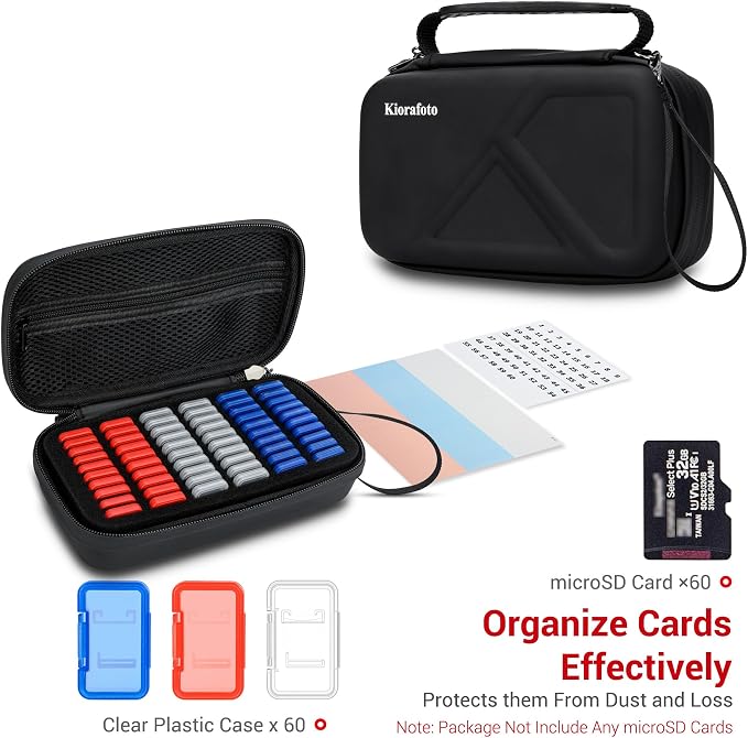 EVA PU Micro SD Card Case with 60 Individual Plastic TF Card Holders - Water-Resistant, Anti-Shock Carrying Organizer with Handle & Label - Image 2