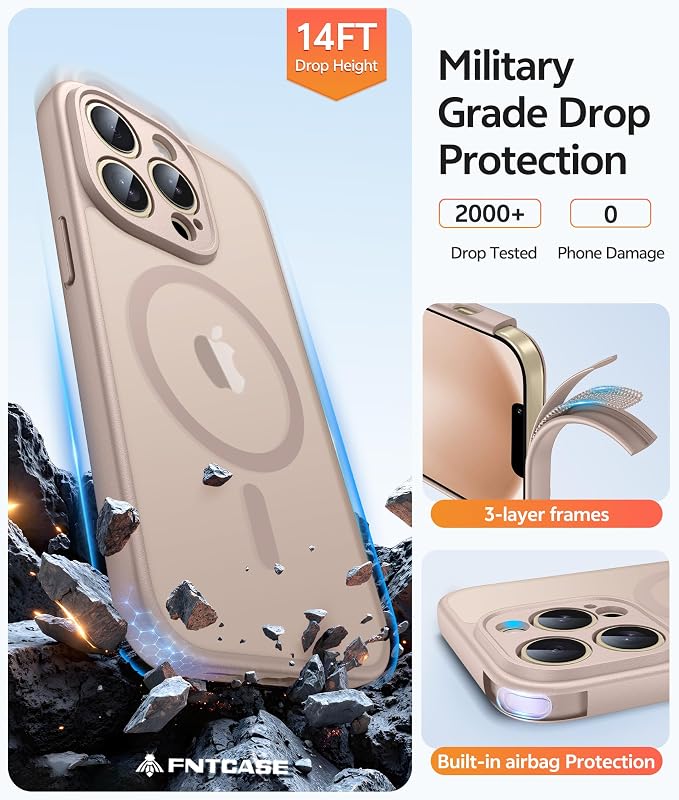FNTCASE for iPhone 13 Pro Case, Fit for Magsafe, Screen Protector | Full Camera Protection, Translucent Matte, 14FT Military Grade Drop Proof, Shockproof Protective Phone Cover, Desert Gold - Image 5