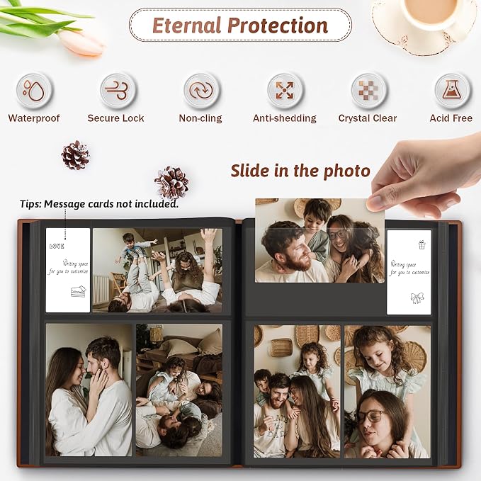 Popotop 4x6 Photo Album Holds 300 Pictures, Vegan Leather Hardcover | 300-Photos Capacity, Acid-Free PP Slip-In Pockets, Mixed-Orientation Layout, Front Photo Window, Gifts for Wedding Baby - Image 3