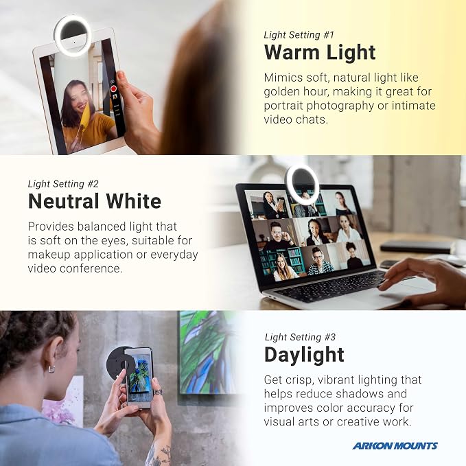 ARKON Mounts Rechargeable Phone Selfie Light | 40 High Power LEDs | Color Accurate | 3 Light Modes | Ring Light for Phone, Laptop, iPhone, IPad, Video - Image 3