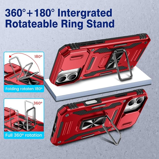 VEGO for iPhone 16 Plus Case with Privacy Screen Protector and Kickstand | Slide Camera Cover and Ring Kickstand Military Grade Heavy Duty Protection Cover for iPhone 16 Plus 6.7 Inch - Red - Image 4