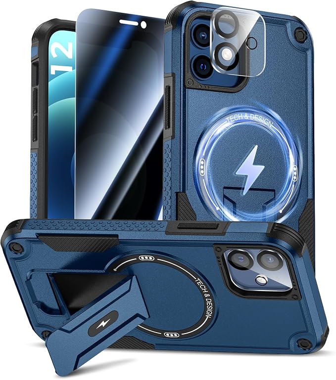 Goton 3 in 1 for iPhone 12 Case with Privacy Screen Protector Blue | Glass Camera Lens Protector,Compatible for MagSafe,Invisible Kickstand, Shockproof Phone Cover for iPhone12 by Goton