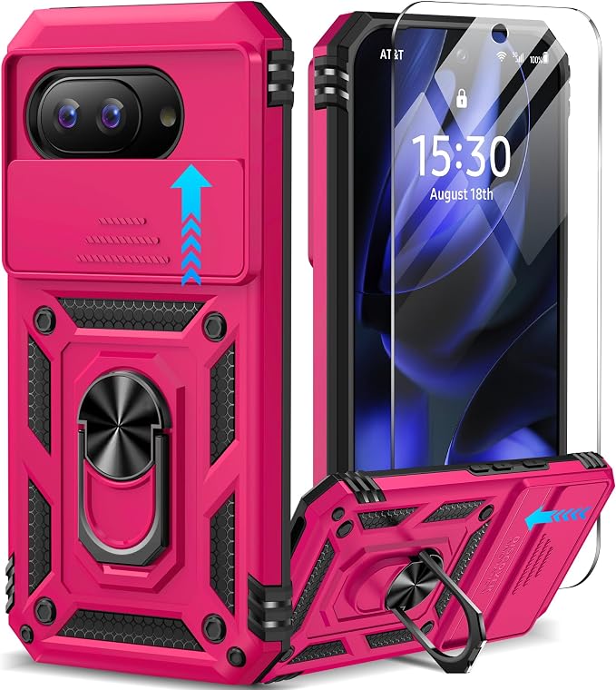 Taisairu for Google Pixel 9A Case with Screen Protector & Slide Camera Lens Cover,Built-in 360°Rotate Magnetic Ring Stand Shockproof Protective Phone Case for Google Pixel 9A Case(Hot Pink) by Taisairu