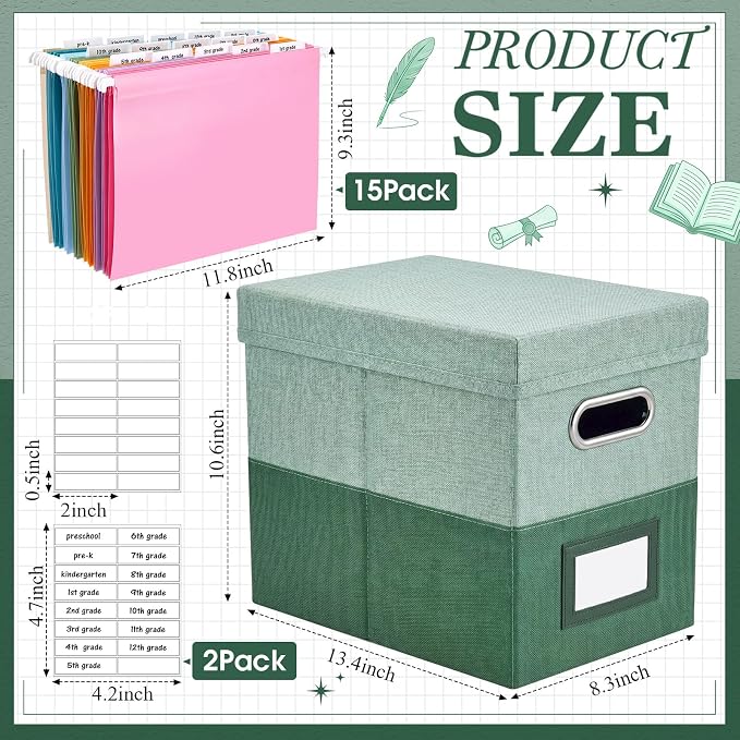 1 Set School Memory Box Organizer, School Keepsake Organizer K-12,Green | with 15 Hanging File Folders, 4 Labels, 3 Sticker, Mesh-Pocket Lid, for Letter/A4, Report Cards, Photos, Awards, File Keeper - Image 2