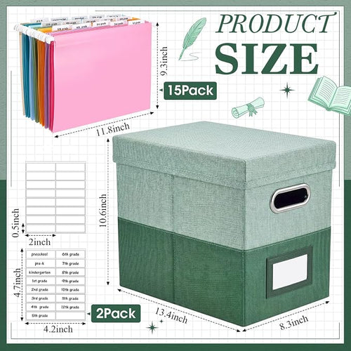 1 Set School Memory Box Organizer, School Keepsake Organizer K-12,Green | with 15 Hanging File Folders, 4 Labels, 3 Sticker, Mesh-Pocket Lid, for Letter/A4, Report Cards, Photos, Awards, File Keeper - Image 2