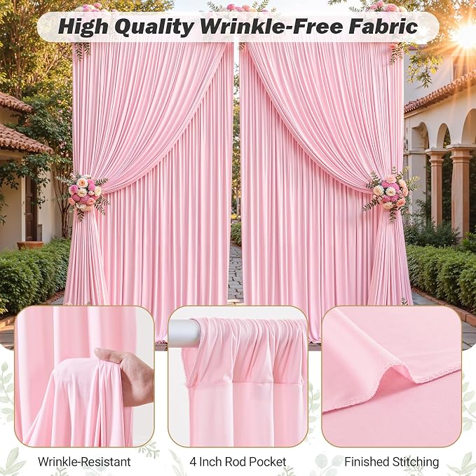 8ftx10ft Wrinkle Free Pink Backdrop Curtain - 10 Feet Photography Backdrop Drapes, Silky Polyester Back Drop Cloth for Wedding Baby Shower Balloon Arch Background - Image 5