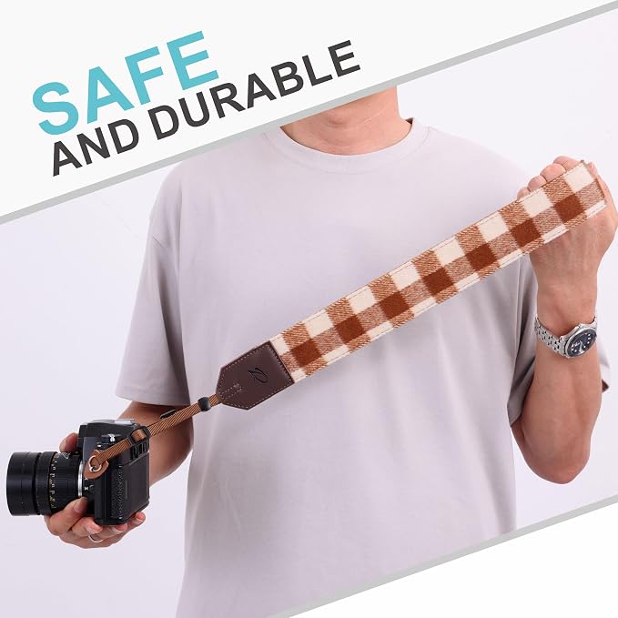 Padwa Lifestyle Camera Strap - 2" Full Grain Leather Ends Camera Straps for Photographers, Unique Vintage Cashmere and Soft Suede Fabric Padded Strap Quick Release fits All Cameras(Beige Brown Check) - Image 5