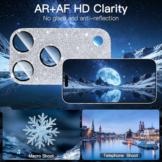 [2 Pack Bling Camera Lens Screen Protector for iPhone 17 Pro with 9H Tempered Glass Aviation Aluminum Plate Cover Metal Ring,Night Circle,No Bubble,HD Clarity,Easy Installation-Glitter Silver - Image 4