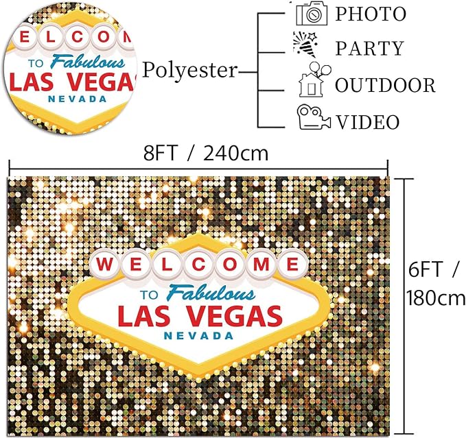 8x6ft Welcome to Las Vegas Backdrop for Photography Casino Night Poker Themed Birthday Party Photo Background Gold Luxury Prom Costume Dress-up Photoshoot Banner - Image 3