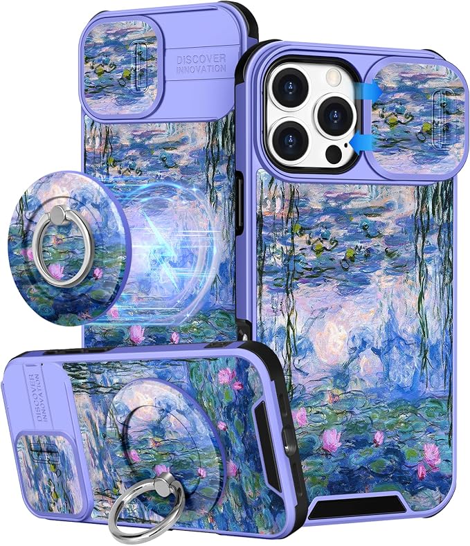 Buleens for iPhone 16 Pro Max Case 6.9 Inch - with Ring Stand & Camera Cover Aesthetic Cute Designed Women Girls Girly Kawaii Blue Water Lily Phone Case for iPhone 16 Pro Max Compatible with Magsafe by Buleens