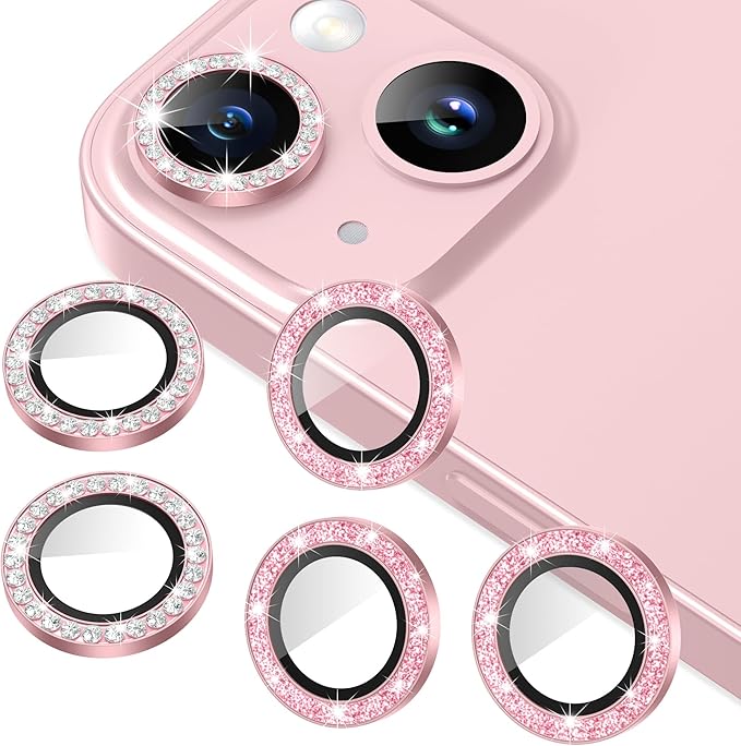 AGVEE 3+3 6 Pack for iPhone 15/15 Plus Camera Lens Protector Cover | Individual Bling Diamond & Bling Glitter Sparkle Cute Gem Metal Ring, 9H Tempered HD Glass by AGVEE