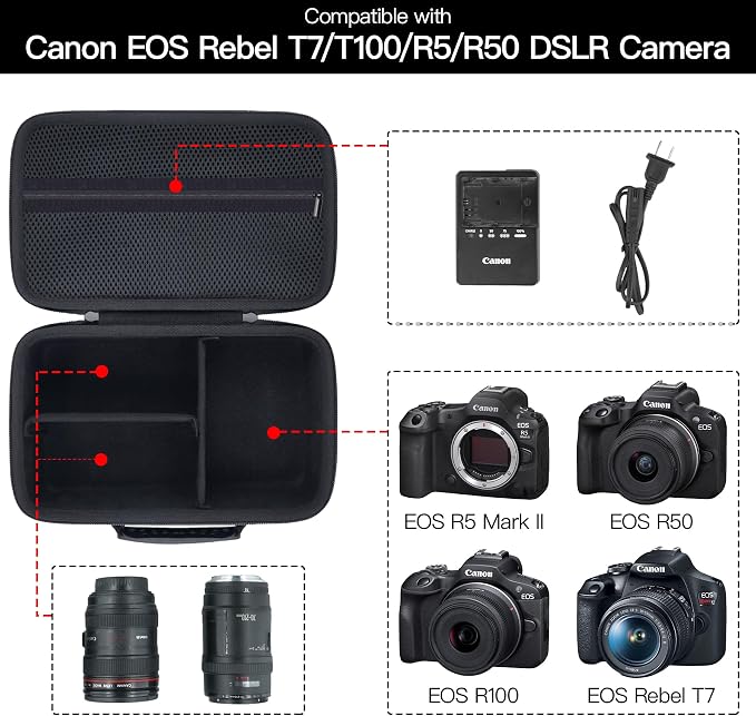 Hard Case for Canon EOS Rebel T7/T100/R50/R100 DSLR Camera with Lens | Compatible with Canon T7/T100/R50/R100/R5/R6 V//R6 Mark II DSLR Camera and Lens, With Shoulder Strap, Protective Case, Black - Image 4